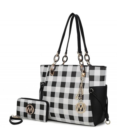 2-PC Set Tote Satchel Bag for Women & Wristlet Wallet Purse, PU Leather Handbag Pocketbook Checker Black $31.20 Totes