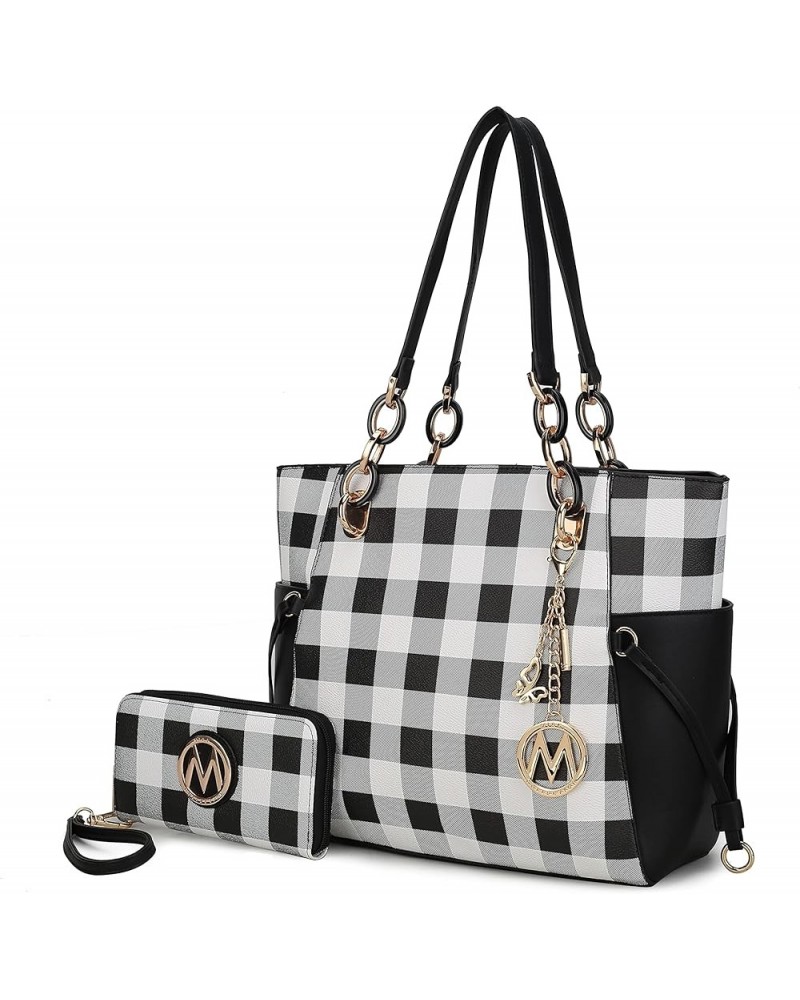 2-PC Set Tote Satchel Bag for Women & Wristlet Wallet Purse, PU Leather Handbag Pocketbook Checker Black $31.20 Totes