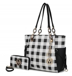 2-PC Set Tote Satchel Bag for Women & Wristlet Wallet Purse, PU Leather Handbag Pocketbook Checker Black $31.20 Totes