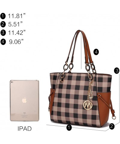 2-PC Set Tote Satchel Bag for Women & Wristlet Wallet Purse, PU Leather Handbag Pocketbook Checker Black $31.20 Totes