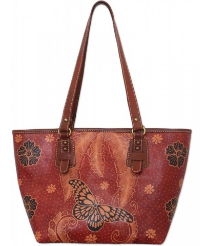 Handmade Batik Leather Shoulder Bag Butterfly from Java Handbags Brown Tote Painted Indonesia Animal Themed Floral Bug 'Queen...