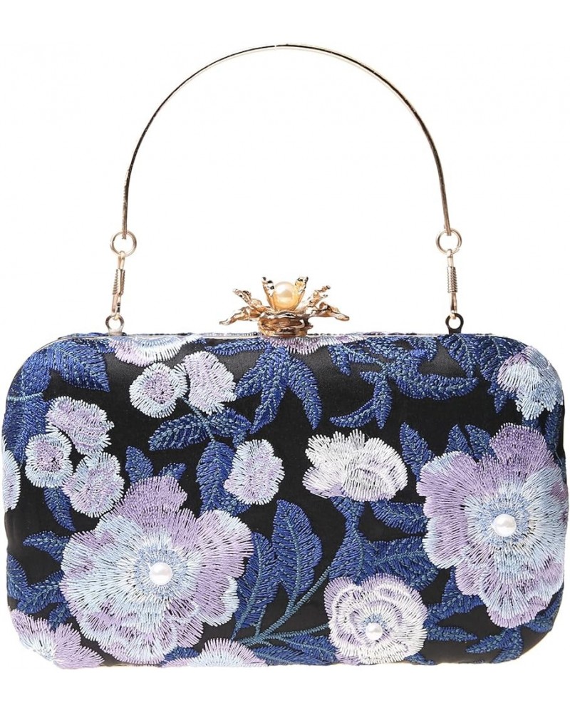 Womens Vintage Floral Embroidery Clutch Evening Handbag Shoulder Bags Purse for Wedding Party Prom Dark Blue $13.76 Evening Bags