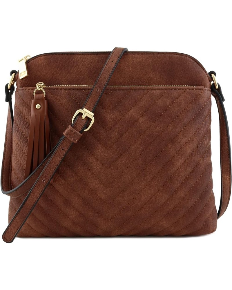 Chevron Quilted Medium Crossbody Bag with Tassel Accent Brown $11.50 Crossbody Bags