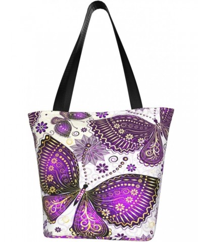 Shoulder Bag Violet Gold Butterflies Canvas Multipurpose Handbag For Women Men $14.95 Totes