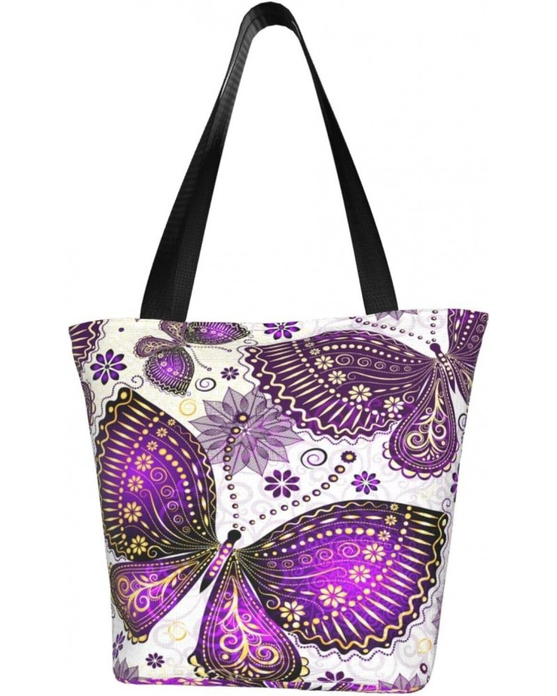 Shoulder Bag Violet Gold Butterflies Canvas Multipurpose Handbag For Women Men $14.95 Totes