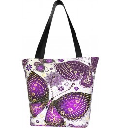 Shoulder Bag Violet Gold Butterflies Canvas Multipurpose Handbag For Women Men $14.95 Totes