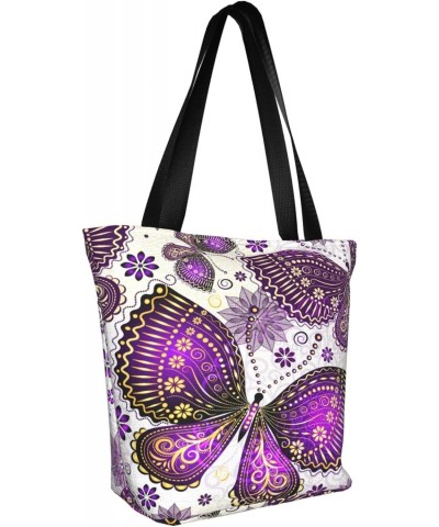 Shoulder Bag Violet Gold Butterflies Canvas Multipurpose Handbag For Women Men $14.95 Totes