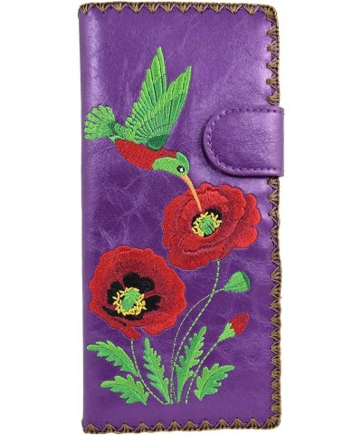 Embroidered Hummingbird and Poppy Flower Faux Leather Large Flat Wallet (Brown) Purple $23.30 Wallets