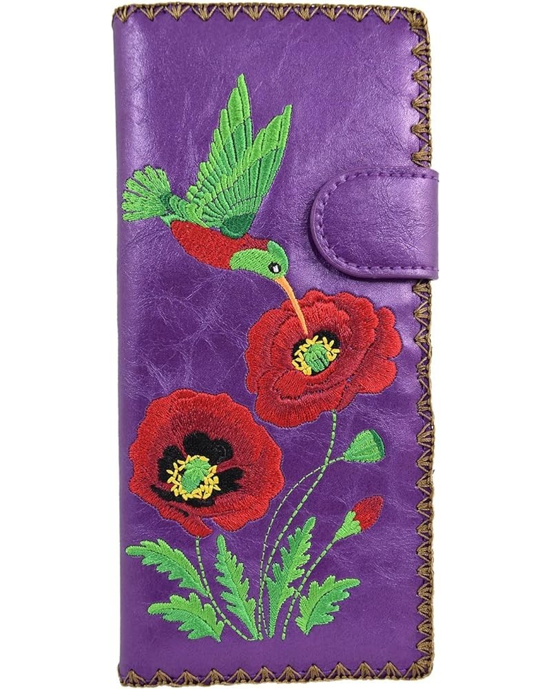 Embroidered Hummingbird and Poppy Flower Faux Leather Large Flat Wallet (Brown) Purple $23.30 Wallets