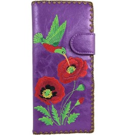 Embroidered Hummingbird and Poppy Flower Faux Leather Large Flat Wallet (Brown) Purple $23.30 Wallets