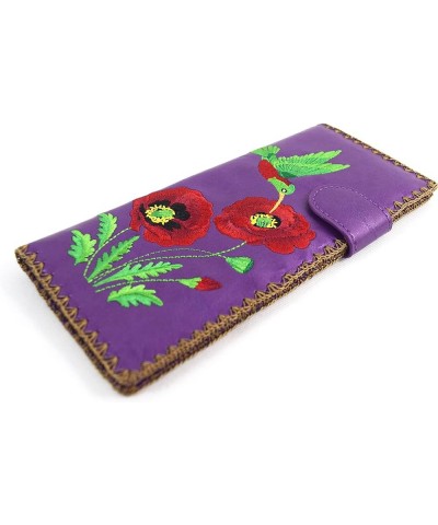 Embroidered Hummingbird and Poppy Flower Faux Leather Large Flat Wallet (Brown) Purple $23.30 Wallets