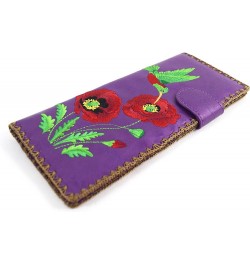 Embroidered Hummingbird and Poppy Flower Faux Leather Large Flat Wallet (Brown) Purple $23.30 Wallets