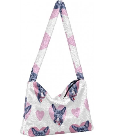 Cute Pink Hearts Bulldogs Fluffy Crossbody Bag Furry Tote Bags for Women Fuzzy Purse Handbag Lady Shoulder Bag Large Plush Ba...