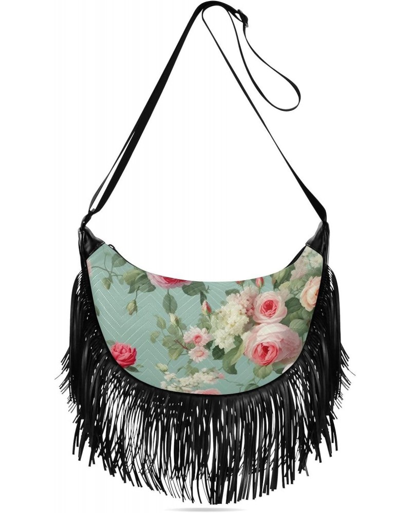 Flower Roses Leaves Teal Green Tassel Crossbody Handbags for Women Ample Capacity Shoulder Bag with Adjustable Strap Durable ...