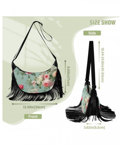 Flower Roses Leaves Teal Green Tassel Crossbody Handbags for Women Ample Capacity Shoulder Bag with Adjustable Strap Durable ...