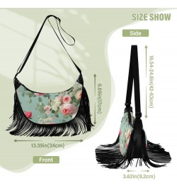 Flower Roses Leaves Teal Green Tassel Crossbody Handbags for Women Ample Capacity Shoulder Bag with Adjustable Strap Durable ...