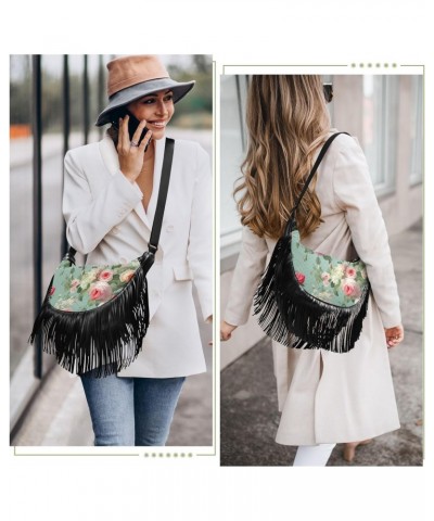 Flower Roses Leaves Teal Green Tassel Crossbody Handbags for Women Ample Capacity Shoulder Bag with Adjustable Strap Durable ...