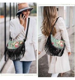 Flower Roses Leaves Teal Green Tassel Crossbody Handbags for Women Ample Capacity Shoulder Bag with Adjustable Strap Durable ...