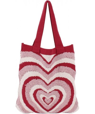 Women Crochet Shoulder Handbag Open Top Tote Bag Knitted Heart Stripe Hobo Purse Handmade Shopper Grocery Bag Red $29.53 Totes