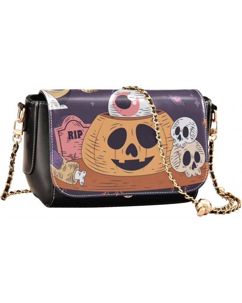 Pumpkin and Skull Stylish Leather Clamshell Crossbody Handbag with Detachable Adjustable shoulder strap $21.59 Crossbody Bags