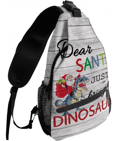 Sling Backpack, Christmas Dinosaur Santa Claus Gift on Rustic Wood Grain Waterproof Lightweight Small Sling Bag, Travel Chest...