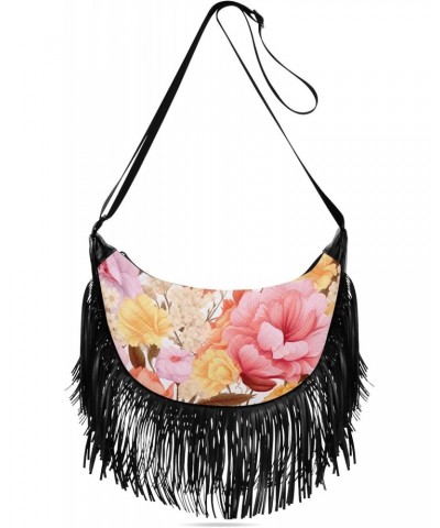 Pink Orange Flower Daisies Tassel Crossbody Handbags for Women Ample Capacity Shoulder Bag with Adjustable Strap Durable Trav...