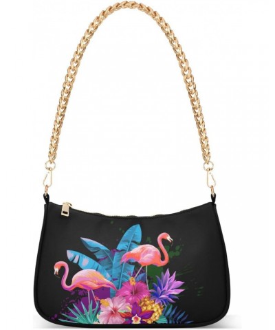 Flamingos Tropical Flowers Shoulder Bag for Women Fabric Crescent Handbag with Zipper Chain Clutch Purses for Girls Travel Pa...