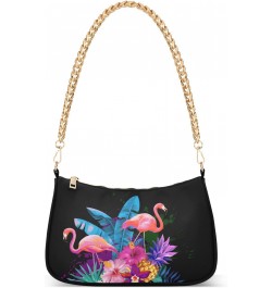 Flamingos Tropical Flowers Shoulder Bag for Women Fabric Crescent Handbag with Zipper Chain Clutch Purses for Girls Travel Pa...