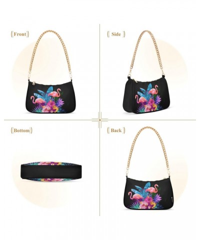 Flamingos Tropical Flowers Shoulder Bag for Women Fabric Crescent Handbag with Zipper Chain Clutch Purses for Girls Travel Pa...