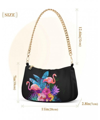 Flamingos Tropical Flowers Shoulder Bag for Women Fabric Crescent Handbag with Zipper Chain Clutch Purses for Girls Travel Pa...