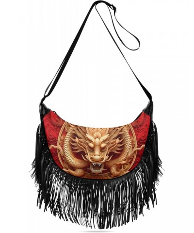 Women's Fringe Crossbody Tassel Purse Gold Red Dragon Hobo Shoulder Bags Crossbody Handbag with Adjustable Shoulder Straps $1...