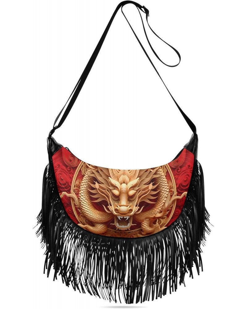 Women's Fringe Crossbody Tassel Purse Gold Red Dragon Hobo Shoulder Bags Crossbody Handbag with Adjustable Shoulder Straps $1...