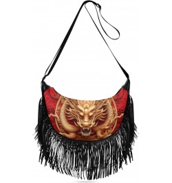 Women's Fringe Crossbody Tassel Purse Gold Red Dragon Hobo Shoulder Bags Crossbody Handbag with Adjustable Shoulder Straps $1...