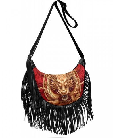 Women's Fringe Crossbody Tassel Purse Gold Red Dragon Hobo Shoulder Bags Crossbody Handbag with Adjustable Shoulder Straps $1...