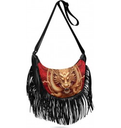 Women's Fringe Crossbody Tassel Purse Gold Red Dragon Hobo Shoulder Bags Crossbody Handbag with Adjustable Shoulder Straps $1...