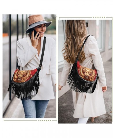 Women's Fringe Crossbody Tassel Purse Gold Red Dragon Hobo Shoulder Bags Crossbody Handbag with Adjustable Shoulder Straps $1...