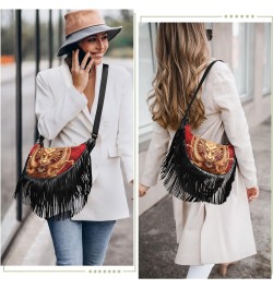 Women's Fringe Crossbody Tassel Purse Gold Red Dragon Hobo Shoulder Bags Crossbody Handbag with Adjustable Shoulder Straps $1...