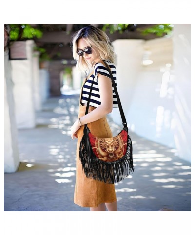 Women's Fringe Crossbody Tassel Purse Gold Red Dragon Hobo Shoulder Bags Crossbody Handbag with Adjustable Shoulder Straps $1...