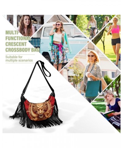 Women's Fringe Crossbody Tassel Purse Gold Red Dragon Hobo Shoulder Bags Crossbody Handbag with Adjustable Shoulder Straps $1...