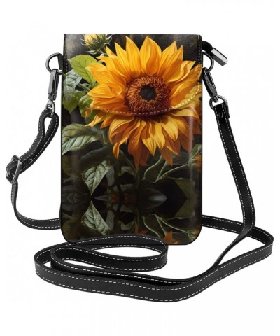 women leather Cell Phone Purse yellow sunflower on a brown background pattern Soft, durable and waterproof PU leather Conveni...