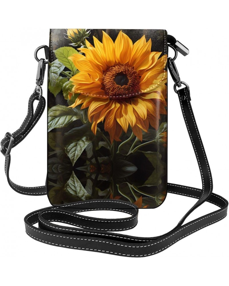 women leather Cell Phone Purse yellow sunflower on a brown background pattern Soft, durable and waterproof PU leather Conveni...