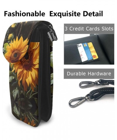 women leather Cell Phone Purse yellow sunflower on a brown background pattern Soft, durable and waterproof PU leather Conveni...