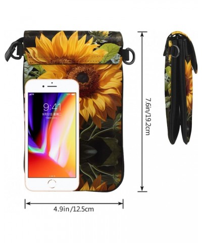 women leather Cell Phone Purse yellow sunflower on a brown background pattern Soft, durable and waterproof PU leather Conveni...