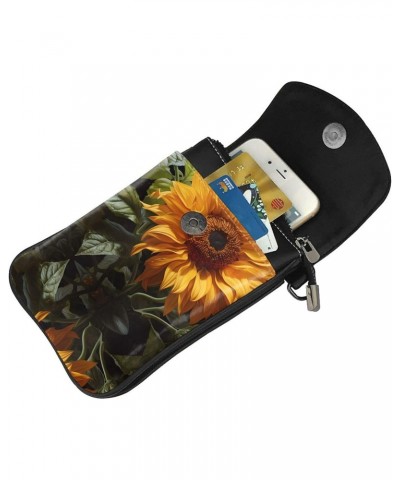 women leather Cell Phone Purse yellow sunflower on a brown background pattern Soft, durable and waterproof PU leather Conveni...