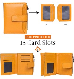 Women's Small Leather RFID Blocking Bifold Zipper Pocket Wallet Ladies Credit Card Slots Purse with id Window Yellow $13.73 W...