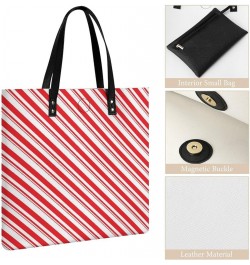 Women Christmas Red Stripes Candy Cane Art Tote Satchel Soft Leather Hobo Handbags, Large Volume Shoulder Tote Bags for Trave...