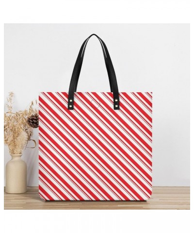 Women Christmas Red Stripes Candy Cane Art Tote Satchel Soft Leather Hobo Handbags, Large Volume Shoulder Tote Bags for Trave...