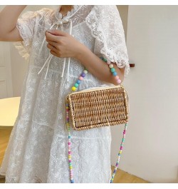 Beach Bag Purse for Women, Natural Hand-woven Rectangular Wicker Handbag, Pearl Basket Purse, Retro Summer Straw Tote Bag S-m...