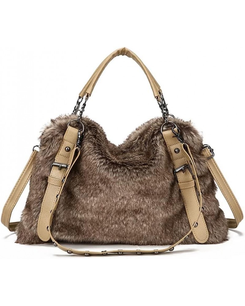 Shoulder Bag for Women Furry Plush Purse Elegant Satchel Handbag Large Capacity Top Handle Bag Vintage Crossbody Bag Brown $1...