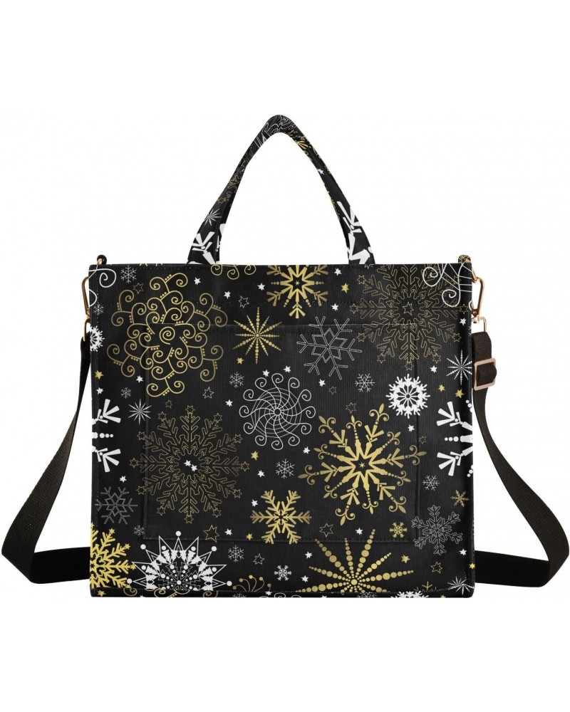 Christmas Golden Snowflakes Black Tote Bag Corduroy Bag Large Handbag Shoulder Bag Satchel Bag for Women $16.49 Totes